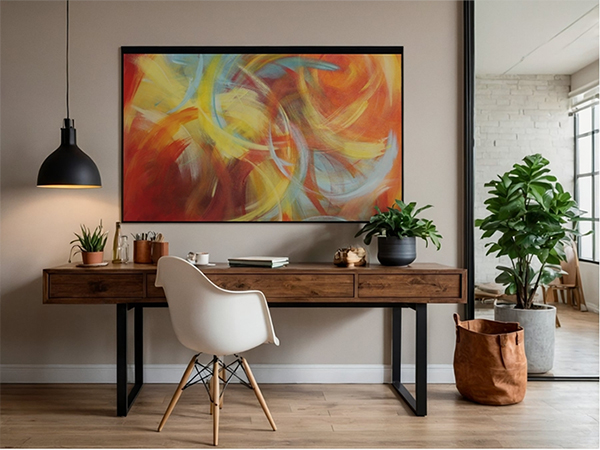 Moderner Arbeitsplatz mit Holzschreibtisch, weißem Stuhl, abstraktem farbigem Gemälde an der Wand und mehreren Pflanzen in Töpfen