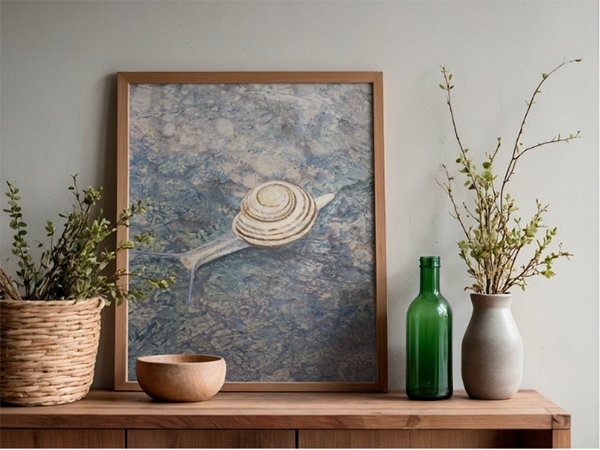 Holzregal mit gerahmtem Bild einer Schnecke, zwei Vasen mit Zweigen und einem kleinen Holzschälchen