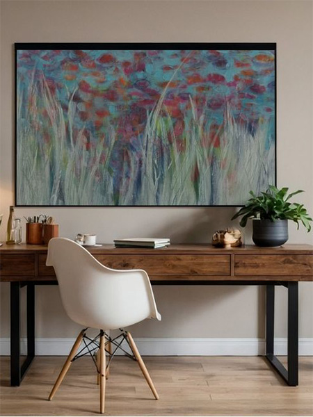 Ein großformatiges, abstraktes Gemälde für Büro-Räume im modernen Impressionismus-Stil, das über einem Schreibtisch aus dunklem Massivholz hängt. Das Kunstwerk zeigt florale Motive in Blau-, Rot- und Grüntönen mit dynamischen, vertikalen Pinselstrichen.